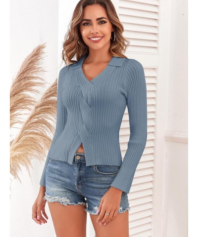 Women's Criss Cross V Neck Sweaters Front Slit Ribbed Knit Pullover Sweater Jumper Tops 3-sky Blue $18.90 Sweaters