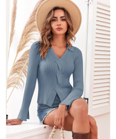 Women's Criss Cross V Neck Sweaters Front Slit Ribbed Knit Pullover Sweater Jumper Tops 3-sky Blue $18.90 Sweaters