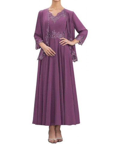 Mother of The Bride Dresses Tea Length with Jacket for Women Chiffon Lace Wedding Guest Formal Dress Plum $42.11 Dresses