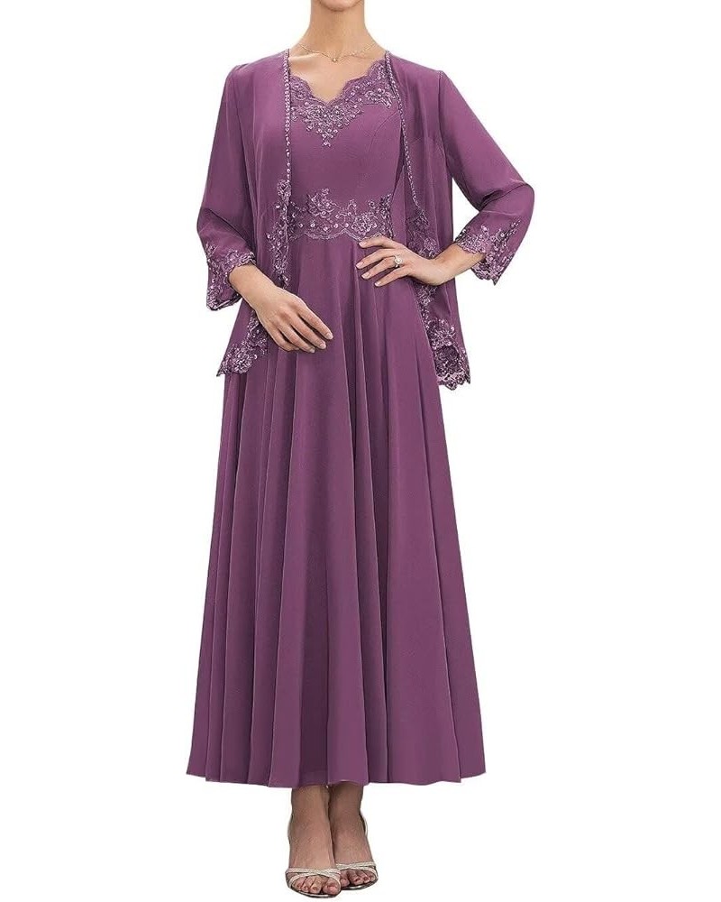 Mother of The Bride Dresses Tea Length with Jacket for Women Chiffon Lace Wedding Guest Formal Dress Plum $42.11 Dresses