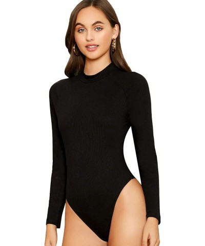 Women's Crew Neck Bodycon Leotard Top Long Sleeve Bodysuit Pure Black $14.98 Lingerie