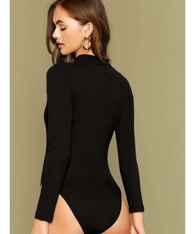 Women's Crew Neck Bodycon Leotard Top Long Sleeve Bodysuit Pure Black $14.98 Lingerie