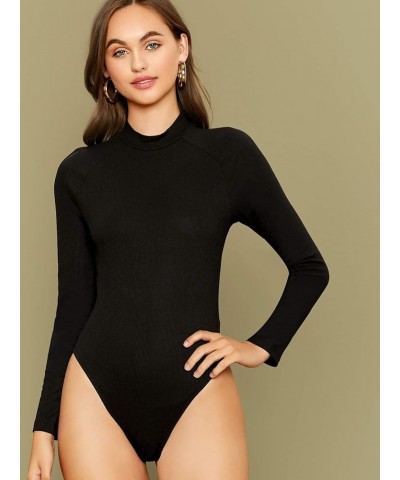 Women's Crew Neck Bodycon Leotard Top Long Sleeve Bodysuit Pure Black $14.98 Lingerie