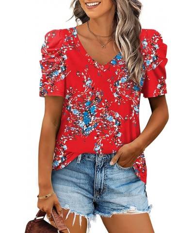 Womens Casual V Neck T Shirt Puff Sleeve Tops Ruched Elegant Summer Shirts Z10-red Floral $13.92 T-Shirts