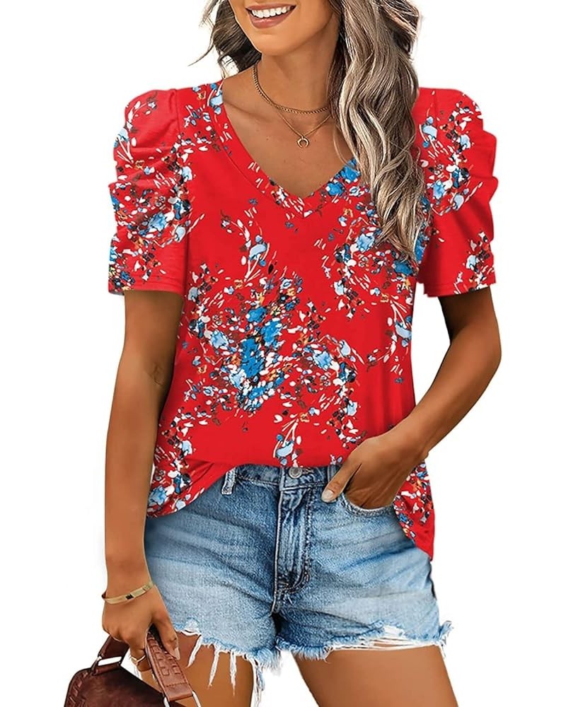 Womens Casual V Neck T Shirt Puff Sleeve Tops Ruched Elegant Summer Shirts Z10-red Floral $13.92 T-Shirts