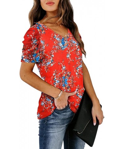 Womens Casual V Neck T Shirt Puff Sleeve Tops Ruched Elegant Summer Shirts Z10-red Floral $13.92 T-Shirts