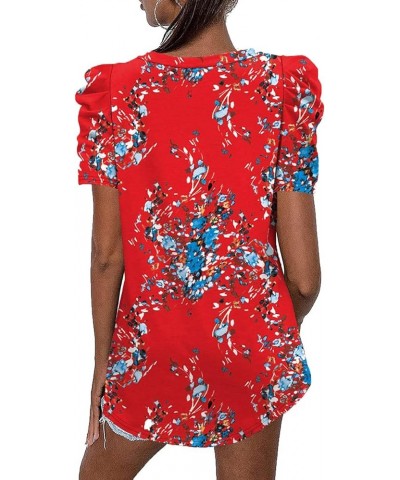 Womens Casual V Neck T Shirt Puff Sleeve Tops Ruched Elegant Summer Shirts Z10-red Floral $13.92 T-Shirts