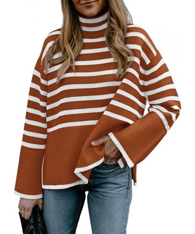 Women Casual Turtleneck Striped Sweater 2024 Fall Winter Jumper Tops Long Sleeve Side Slit Oversized Knit Pullover Striped Ru...