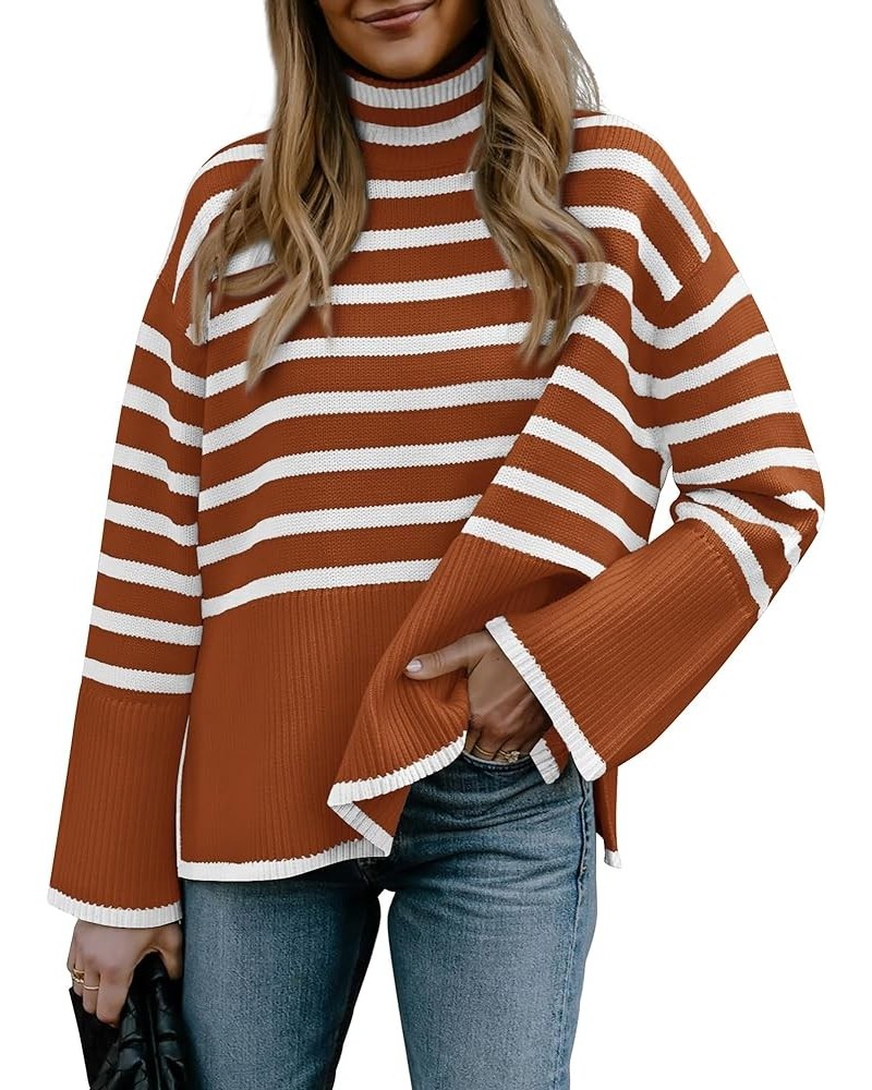 Women Casual Turtleneck Striped Sweater 2024 Fall Winter Jumper Tops Long Sleeve Side Slit Oversized Knit Pullover Striped Ru...