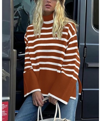 Women Casual Turtleneck Striped Sweater 2024 Fall Winter Jumper Tops Long Sleeve Side Slit Oversized Knit Pullover Striped Ru...