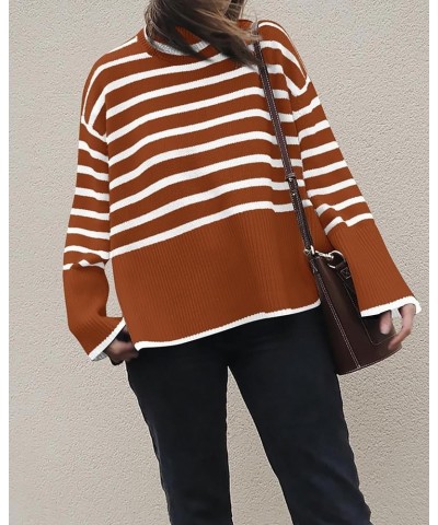 Women Casual Turtleneck Striped Sweater 2024 Fall Winter Jumper Tops Long Sleeve Side Slit Oversized Knit Pullover Striped Ru...