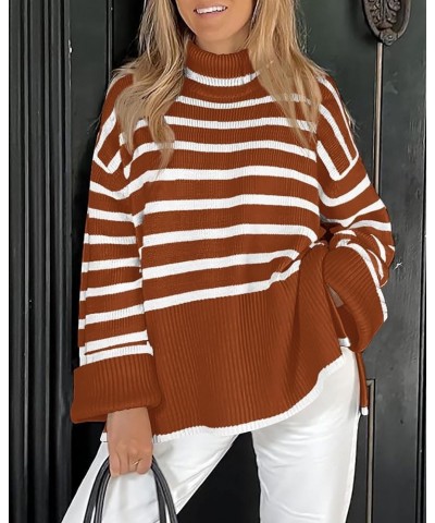 Women Casual Turtleneck Striped Sweater 2024 Fall Winter Jumper Tops Long Sleeve Side Slit Oversized Knit Pullover Striped Ru...