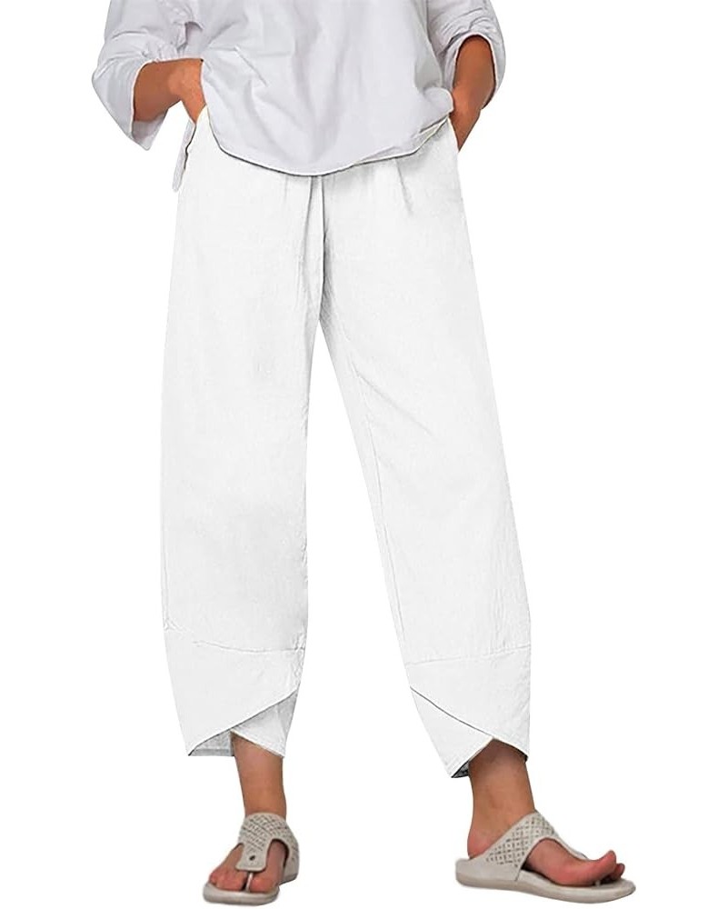 Capri Pants for Women Cotton Linen Wide Leg Capris Plus Size Casual Summer Cropped Pants Elastic Waist Baggy Trousers A3-whit...