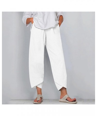 Capri Pants for Women Cotton Linen Wide Leg Capris Plus Size Casual Summer Cropped Pants Elastic Waist Baggy Trousers A3-whit...