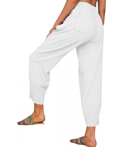 Capri Pants for Women Cotton Linen Wide Leg Capris Plus Size Casual Summer Cropped Pants Elastic Waist Baggy Trousers A3-whit...