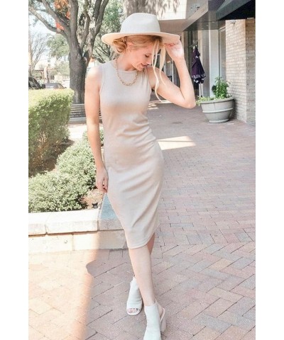 Women's Basic Bodycon Midi Dress Crewneck Sleeveless Casual Summer Tank Top Dresses Khaki $23.09 Dresses