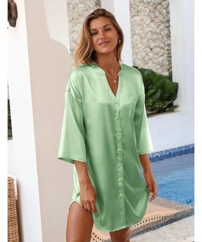 Satin Nightgowns for Women Silk Sleepwear Button Down Sleepshirt 3/4 Sleeve V-Neck Nightshirts with Pockets Light Green $19.1...