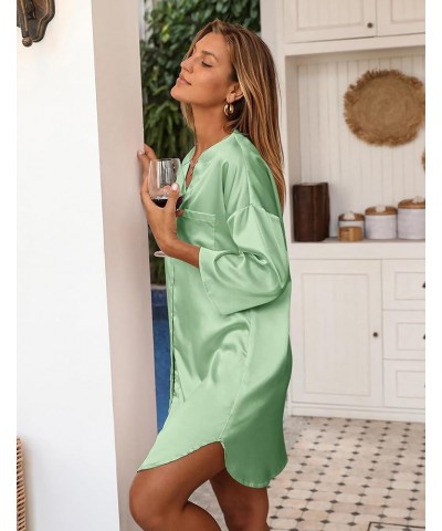 Satin Nightgowns for Women Silk Sleepwear Button Down Sleepshirt 3/4 Sleeve V-Neck Nightshirts with Pockets Light Green $19.1...