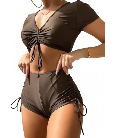 Women's 2 Piece Bathing Suits Drawstring Ruched Knot Solid Swimsuit Swimwear A Coffee Brown $16.92 Swimsuits