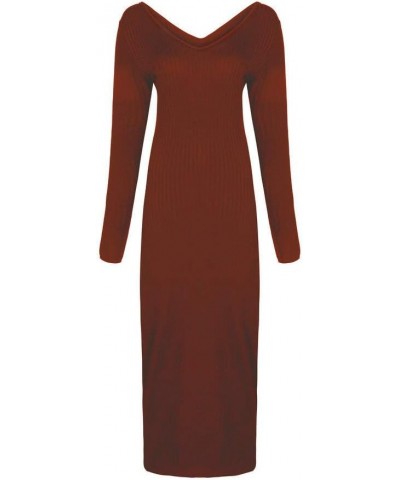 Women Spring Sexy V Neck Knit Long Sleeve Solid Ribbed Bodycon Midi Dress Brown $17.15 Dresses