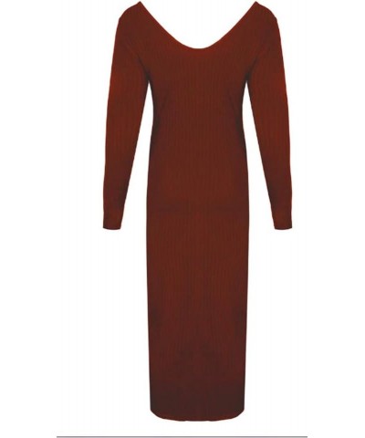 Women Spring Sexy V Neck Knit Long Sleeve Solid Ribbed Bodycon Midi Dress Brown $17.15 Dresses