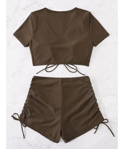 Women's 2 Piece Bathing Suits Drawstring Ruched Knot Solid Swimsuit Swimwear A Coffee Brown $16.92 Swimsuits