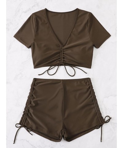 Women's 2 Piece Bathing Suits Drawstring Ruched Knot Solid Swimsuit Swimwear A Coffee Brown $16.92 Swimsuits