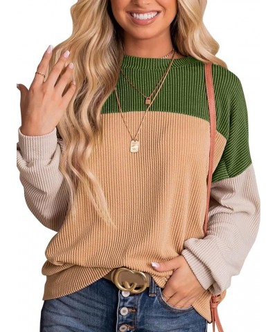 Womens Fashion 2024 Color Block Long Sleeve Crewneck Knitted Casual Loose Pullover Shirts Tops Green $14.69 Tops