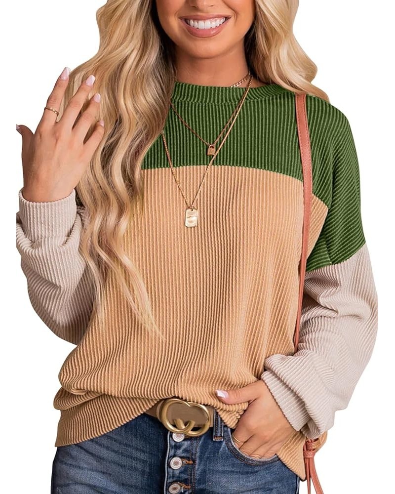 Womens Fashion 2024 Color Block Long Sleeve Crewneck Knitted Casual Loose Pullover Shirts Tops Green $14.69 Tops