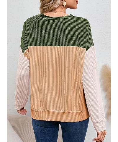 Womens Fashion 2024 Color Block Long Sleeve Crewneck Knitted Casual Loose Pullover Shirts Tops Green $14.69 Tops