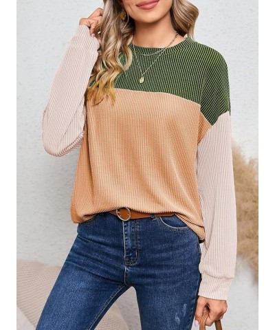 Womens Fashion 2024 Color Block Long Sleeve Crewneck Knitted Casual Loose Pullover Shirts Tops Green $14.69 Tops