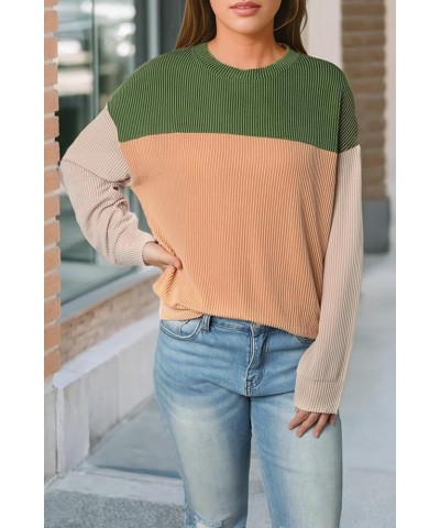 Womens Fashion 2024 Color Block Long Sleeve Crewneck Knitted Casual Loose Pullover Shirts Tops Green $14.69 Tops