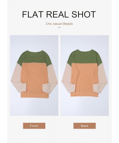 Womens Fashion 2024 Color Block Long Sleeve Crewneck Knitted Casual Loose Pullover Shirts Tops Green $14.69 Tops