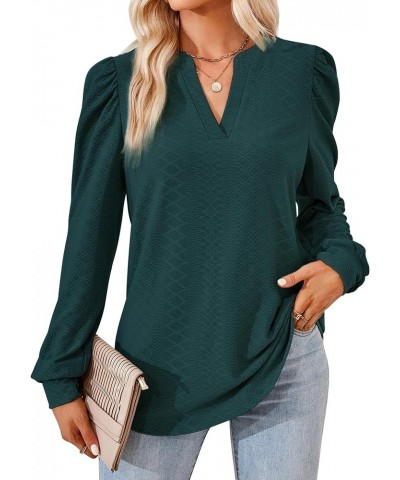 Womens Tops Dressy Casual Puff Long Sleeve V Neck Work Shirt Eyelet Loose Tunic Blouse Dark Green $18.70 Blouses