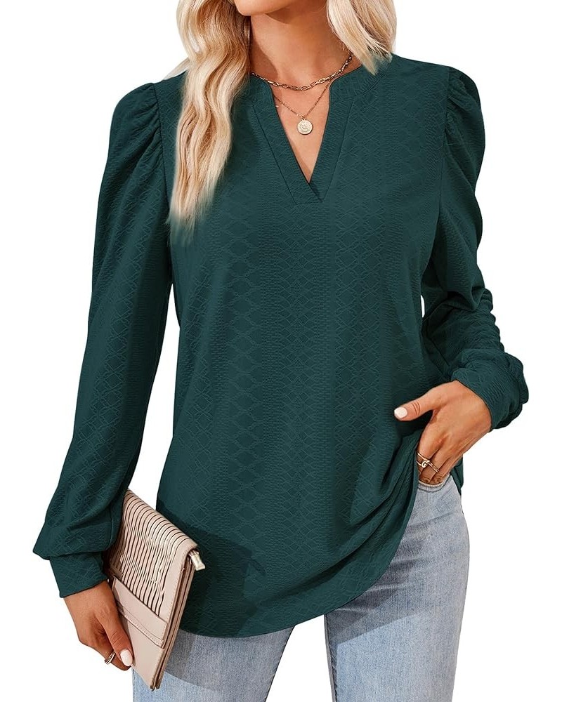 Womens Tops Dressy Casual Puff Long Sleeve V Neck Work Shirt Eyelet Loose Tunic Blouse Dark Green $18.70 Blouses