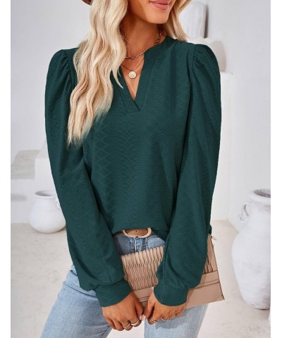 Womens Tops Dressy Casual Puff Long Sleeve V Neck Work Shirt Eyelet Loose Tunic Blouse Dark Green $18.70 Blouses