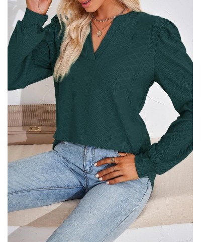 Womens Tops Dressy Casual Puff Long Sleeve V Neck Work Shirt Eyelet Loose Tunic Blouse Dark Green $18.70 Blouses