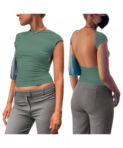 Women's Sexy Backless T-Shirt Girls Y2K Open Back Slim-fit Crop Top Summer Crew Neck Short Sleeve Baby Tees Green $11.01 T-Sh...