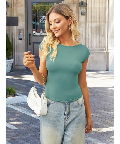 Women's Sexy Backless T-Shirt Girls Y2K Open Back Slim-fit Crop Top Summer Crew Neck Short Sleeve Baby Tees Green $11.01 T-Sh...