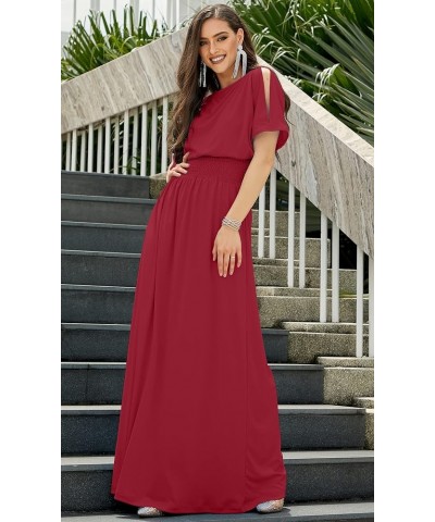 Womens Split Sleeves Smocked Elegant Cocktail Long Maxi Dress Red $19.79 Dresses