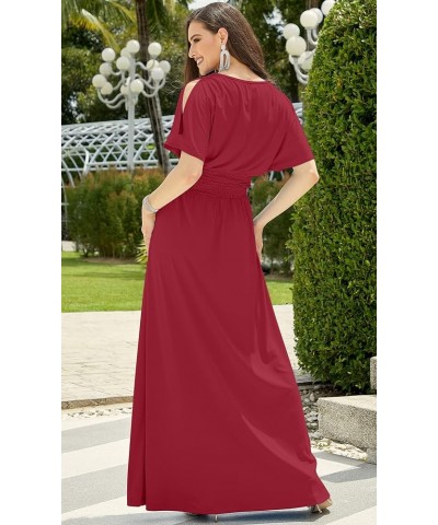 Womens Split Sleeves Smocked Elegant Cocktail Long Maxi Dress Red $19.79 Dresses