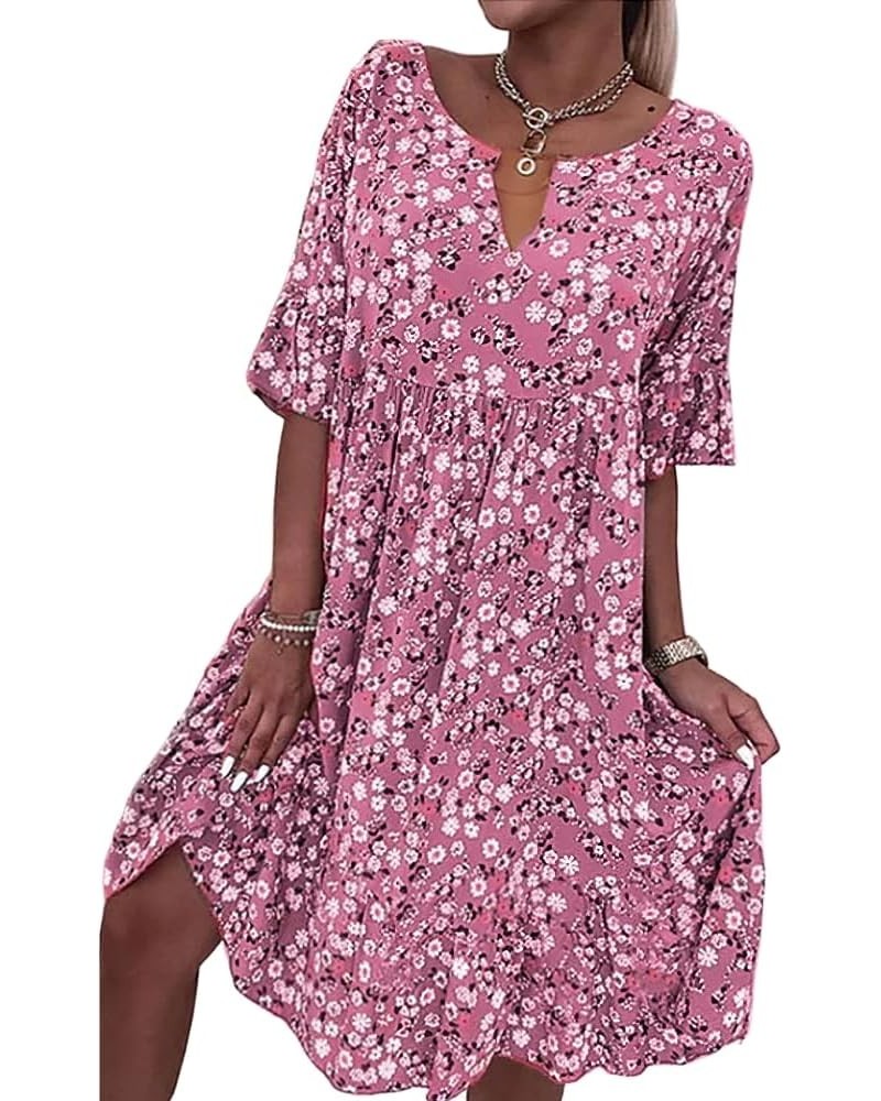 Women's 2023 Boho Floral Printed Short Sleeve Dress Plus Size V Neck Summer Beach Midi Dresses for Women 1-pink $16.73 Dresses