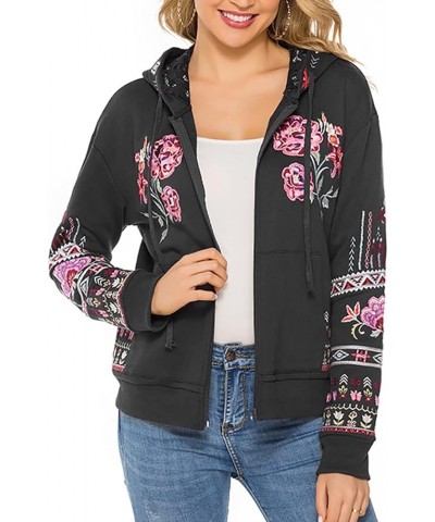 Women's Full Zip Long Sleeve Embroidered Sweatshirt Floral Boho Embroidered Mexican Hoodie Fall Winter Coat Tops Jackets Blac...