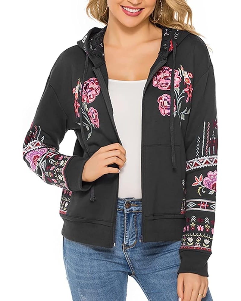 Women's Full Zip Long Sleeve Embroidered Sweatshirt Floral Boho Embroidered Mexican Hoodie Fall Winter Coat Tops Jackets Blac...