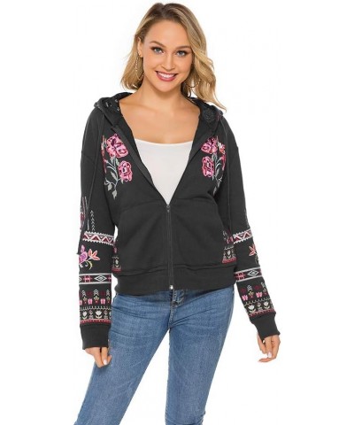 Women's Full Zip Long Sleeve Embroidered Sweatshirt Floral Boho Embroidered Mexican Hoodie Fall Winter Coat Tops Jackets Blac...