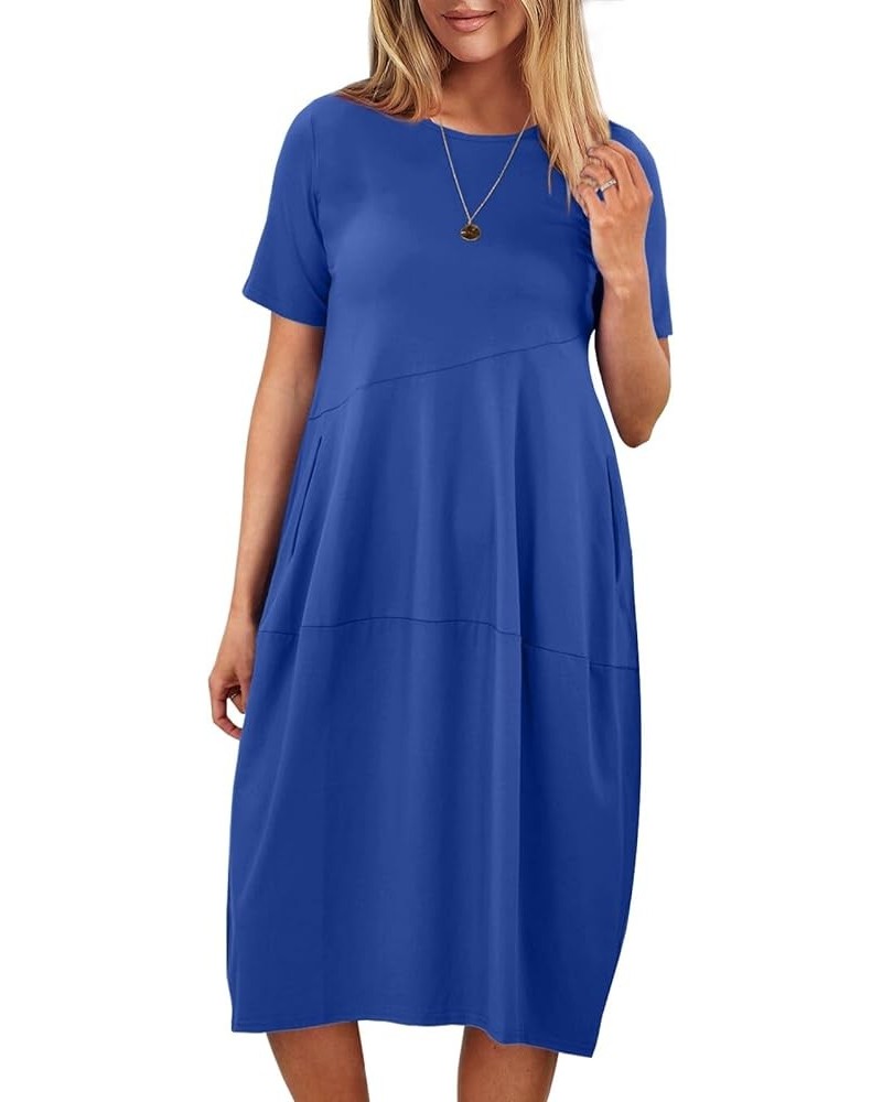 Women's Summer Midi Dress Casual Loose Crewneck Short Sleeve T Shirt Sundress with Pockets Royal Blue $14.70 Dresses