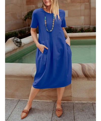 Women's Summer Midi Dress Casual Loose Crewneck Short Sleeve T Shirt Sundress with Pockets Royal Blue $14.70 Dresses