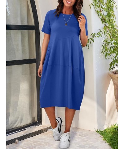 Women's Summer Midi Dress Casual Loose Crewneck Short Sleeve T Shirt Sundress with Pockets Royal Blue $14.70 Dresses