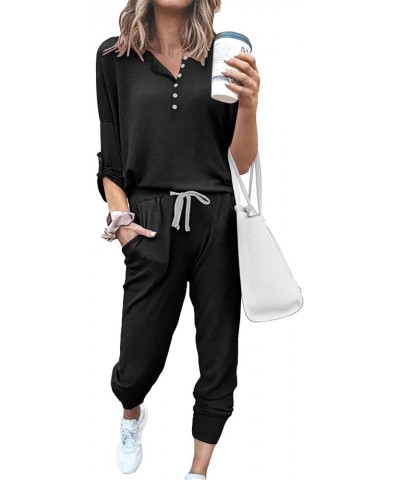 Women's 3/4 Roll Tab Sleeves Henley Jumpsuit, Elastic Waistband and Cuffs & Adjustable Drawstrings for Casual Wear Black $15....