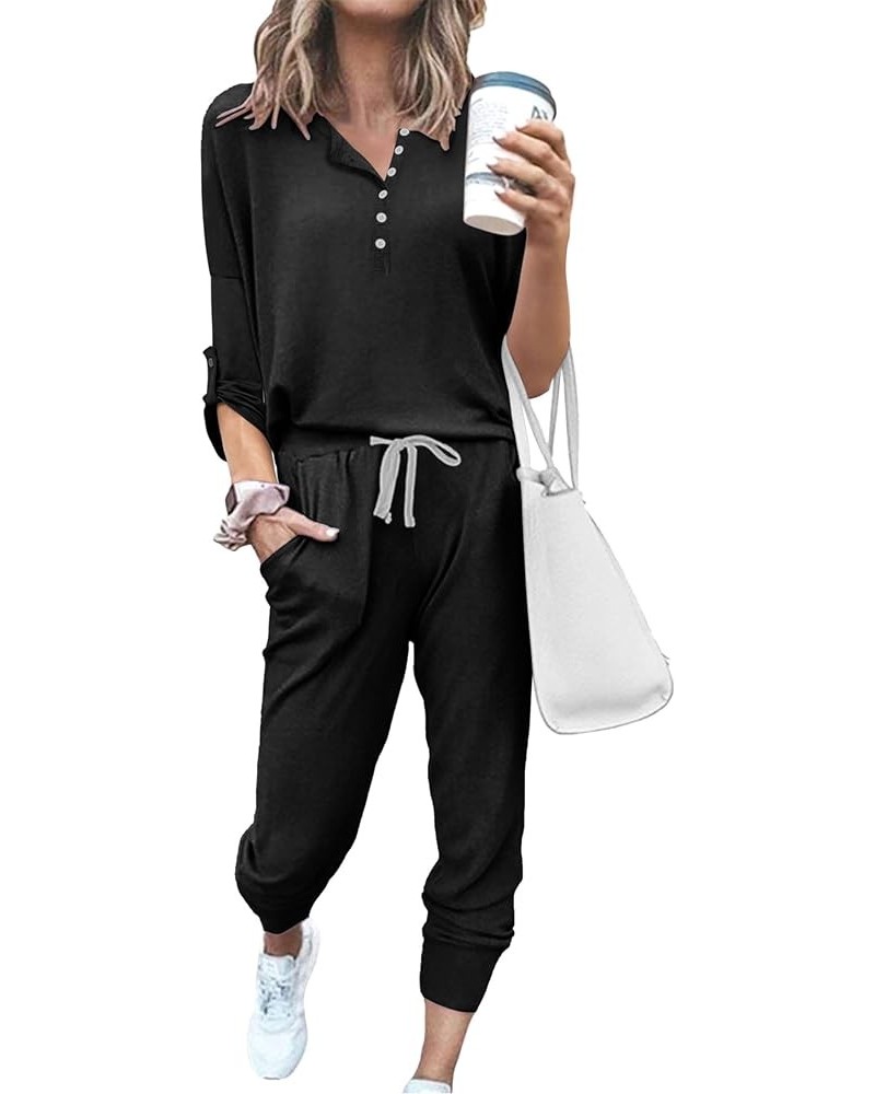 Women's 3/4 Roll Tab Sleeves Henley Jumpsuit, Elastic Waistband and Cuffs & Adjustable Drawstrings for Casual Wear Black $15....